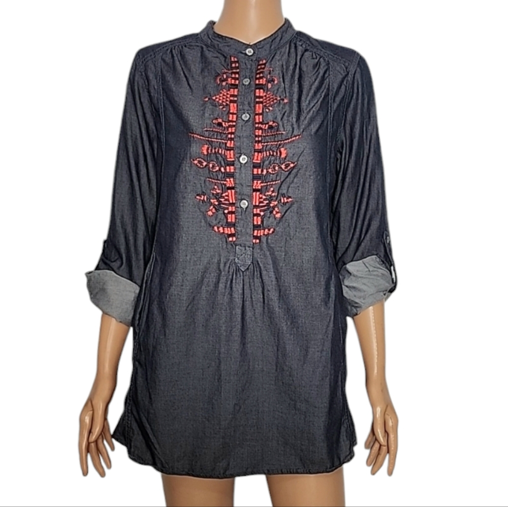 ISDA & Co Womens‎ Top Tunic Embroidered Roll-up Sleeve Blouse Navy Blue Size S